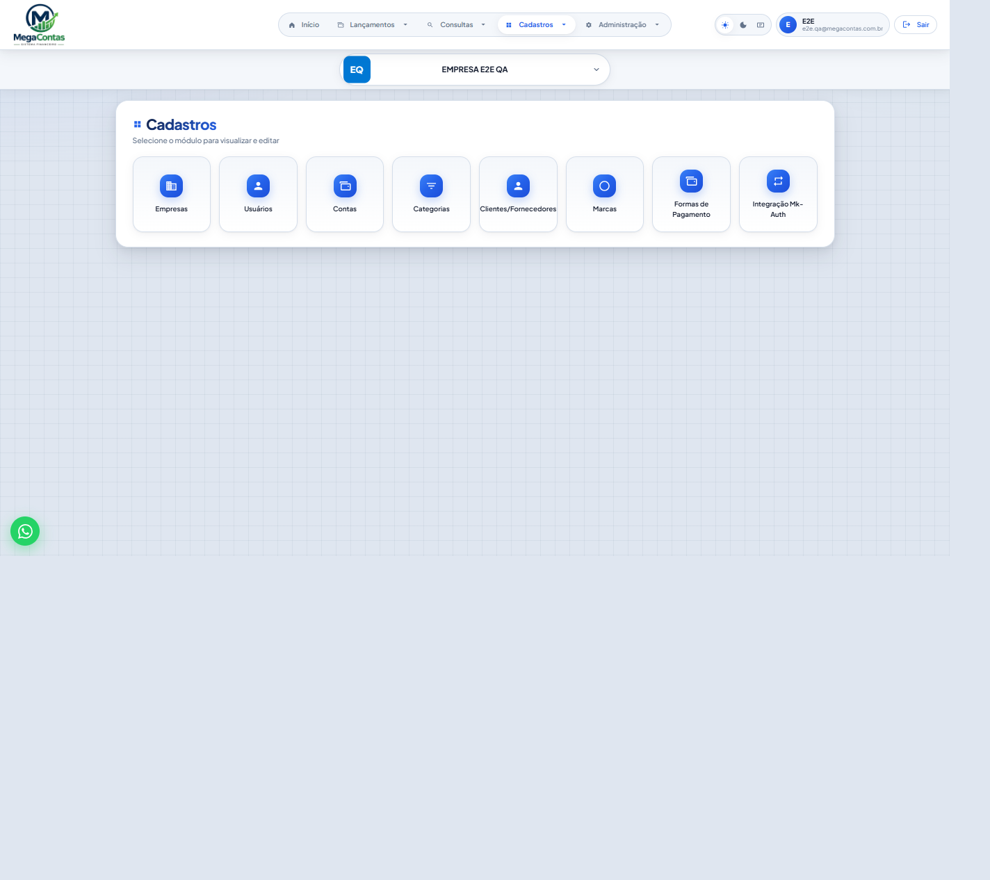 Hub de Cadastros em tema claro — empresas, contas e Integração Mk-Auth