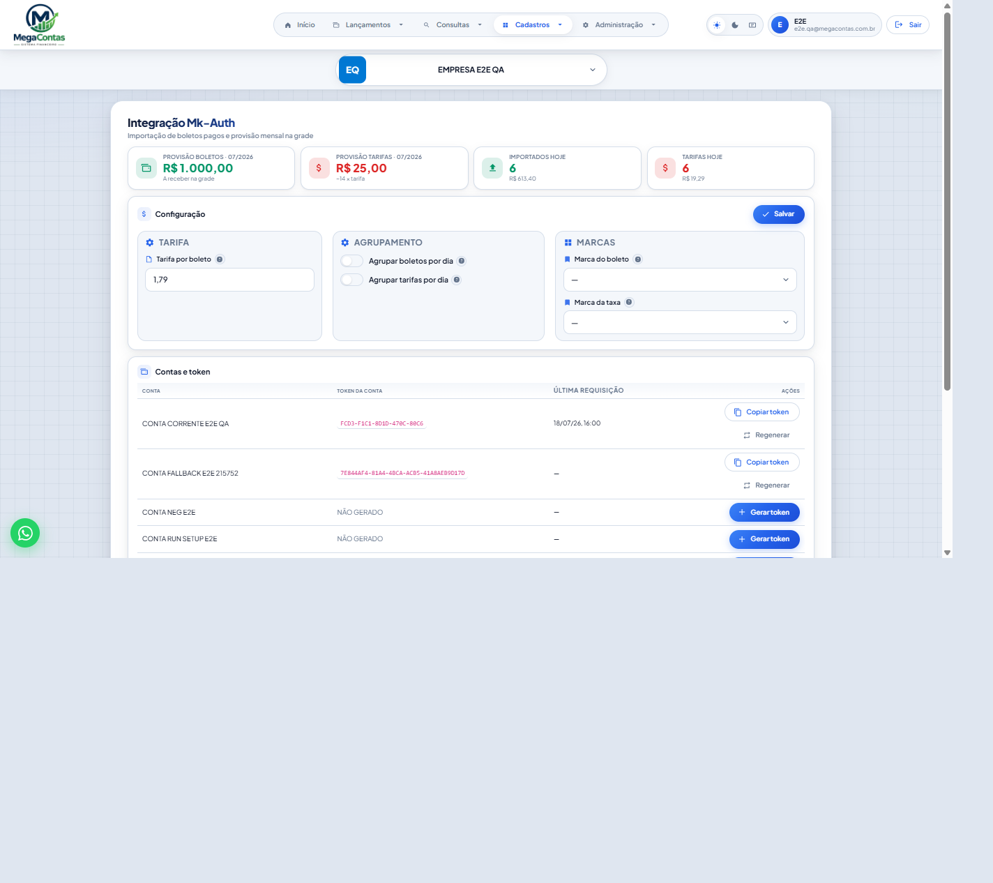Tela Integração Mk-Auth em tema claro — provisão, agrupamento por dia, marcas e tokens