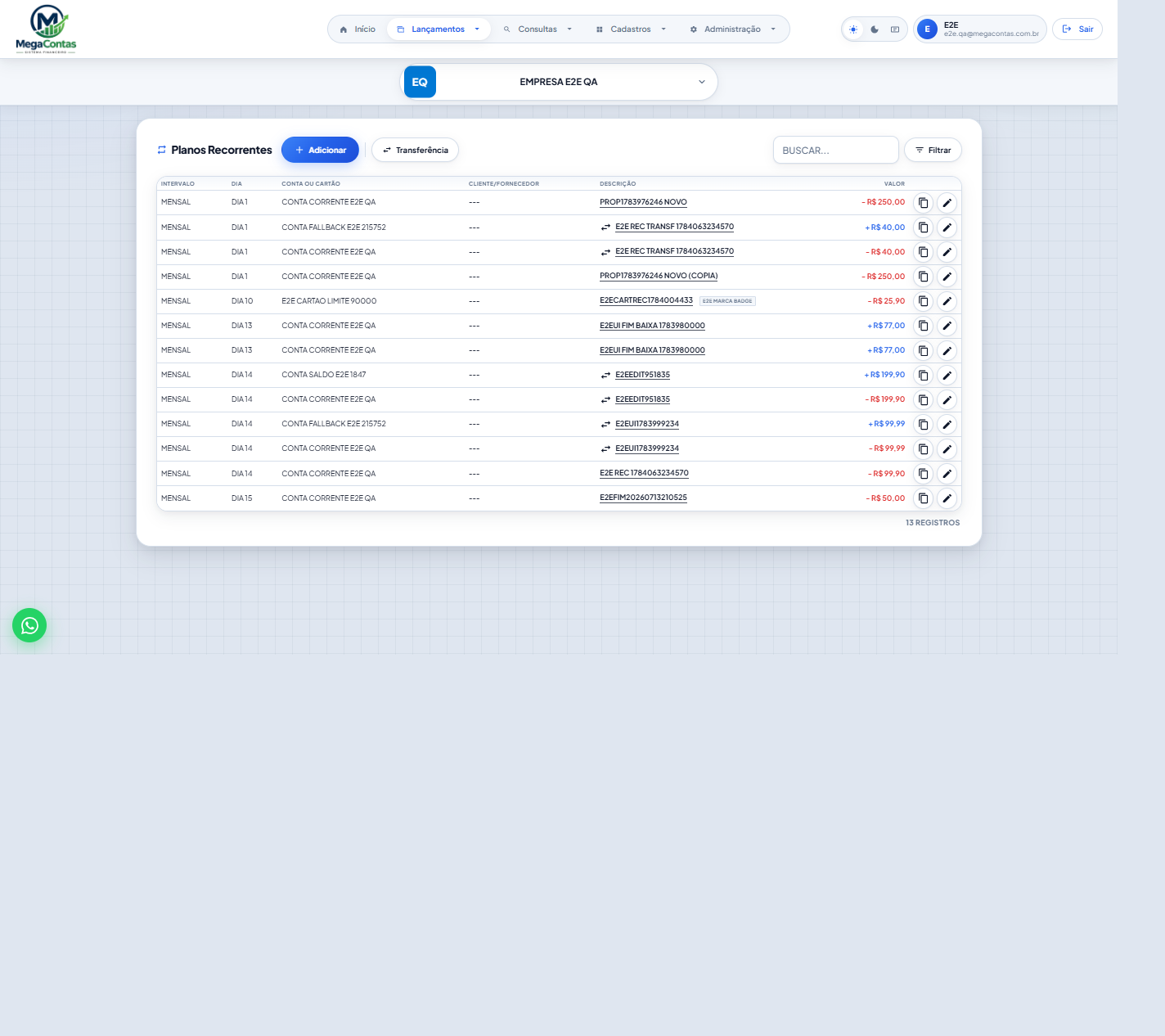 Tela Recorrentes em tema claro — templates de despesas e transferências recorrentes